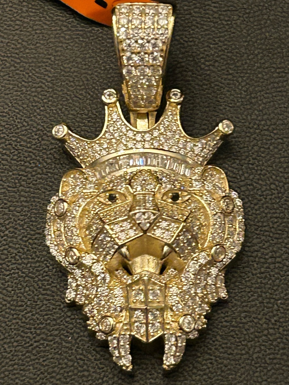 5.70CTW Moissanite Encrusted 14KT Gold Plated 3-D Lion Crown 👑 Pendant Necklace